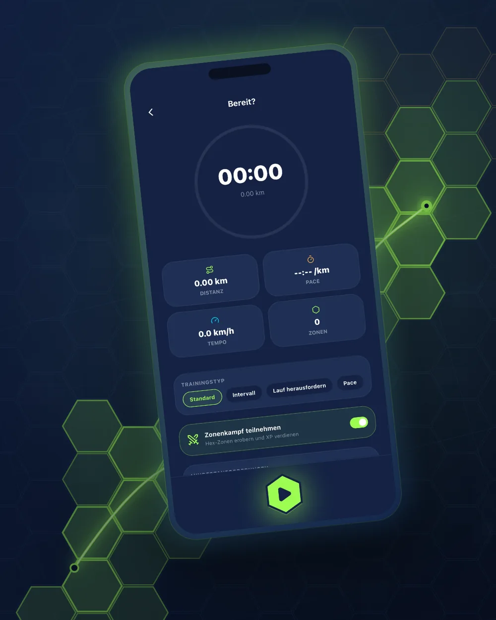 Run4Zones auf dem Smartphone: der Startbildschirm eines Laufs, dahinter die Karte mit eroberten Hex-Zonen