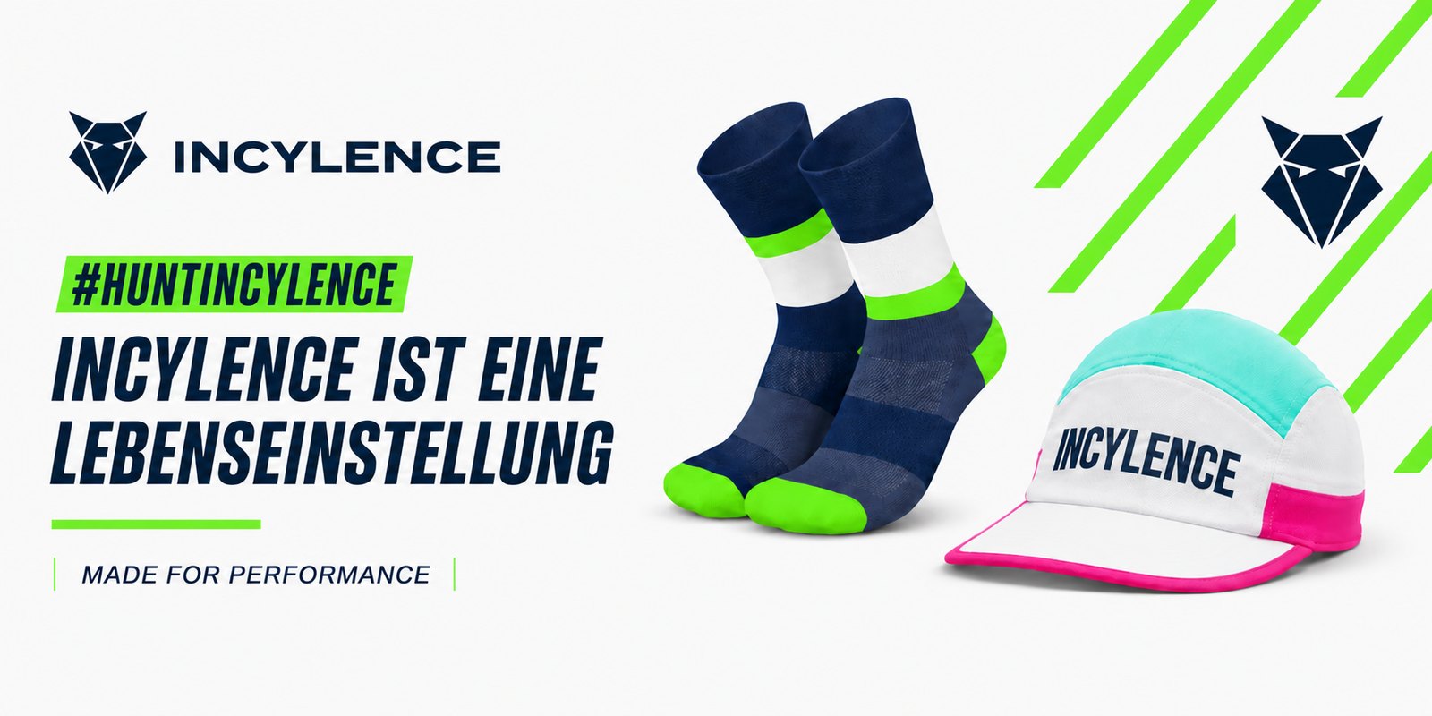 Incylence: Laufsocken und Cap, dazu der Claim „Incylence ist eine Lebenseinstellung“